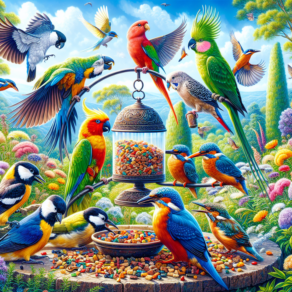 Différentes espèces d'oiseaux se nourrissant dans un jardin