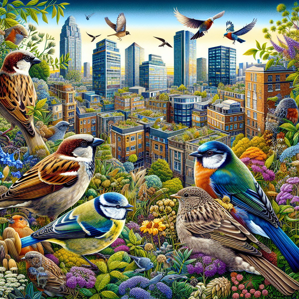 Illustration de divers oiseaux populaires en ville, comprenant des moineaux, des mésanges bleues et des pigeons.