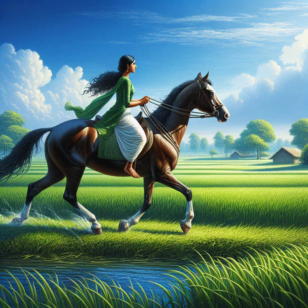 Une personne montant un cheval dans un cadre champêtre paisible avec des champs verts et un ciel bleu clair.