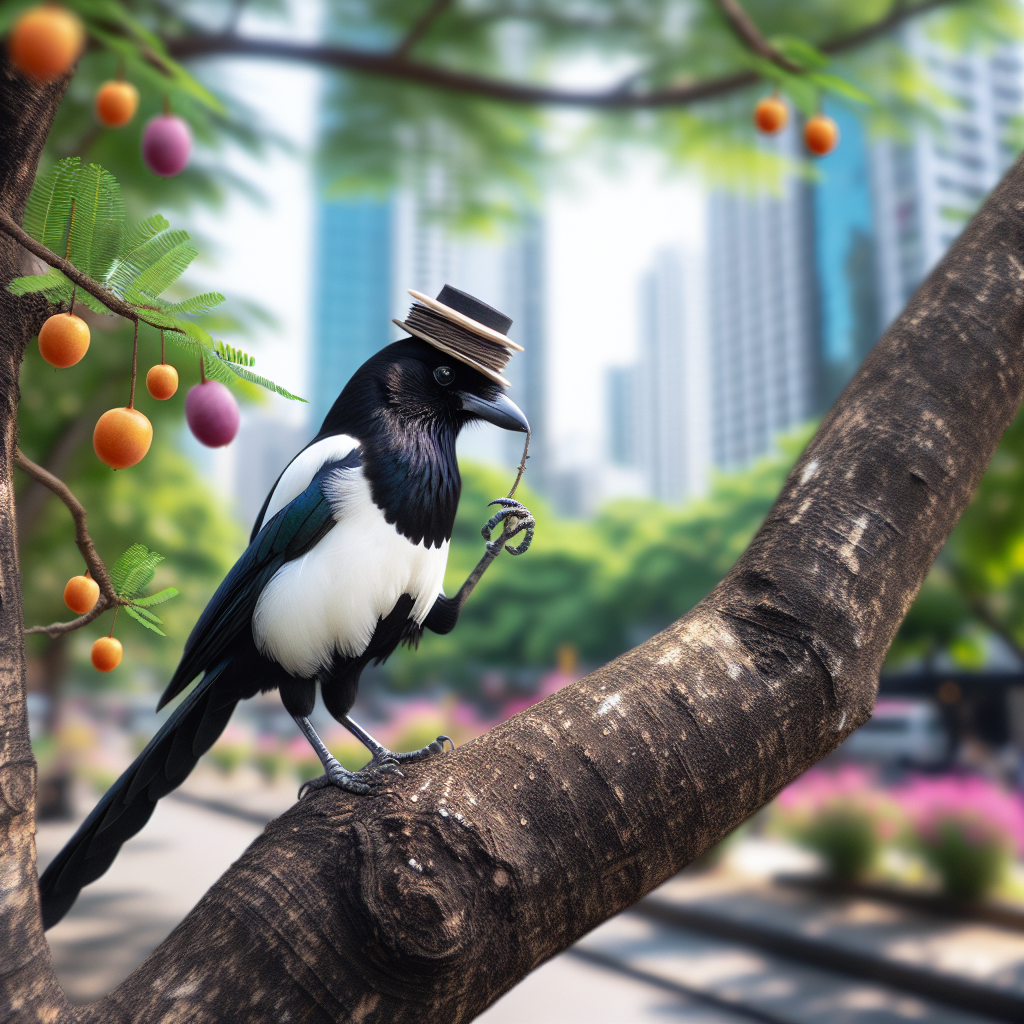 Une pie bavarde avec des plumes noires et blanches perchée sur une branche d'arbre dans un parc urbain. L'image montre la pie dans son habitat naturel, avec des éléments comme des arbres, des fleurs et des petits fruits.