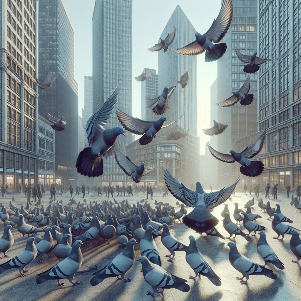 Un groupe de pigeons bisets rassemblés autour d'une place de ville avec des bâtiments en arrière-plan, illustrant leur vie urbaine et leur capacité d'adaptation.