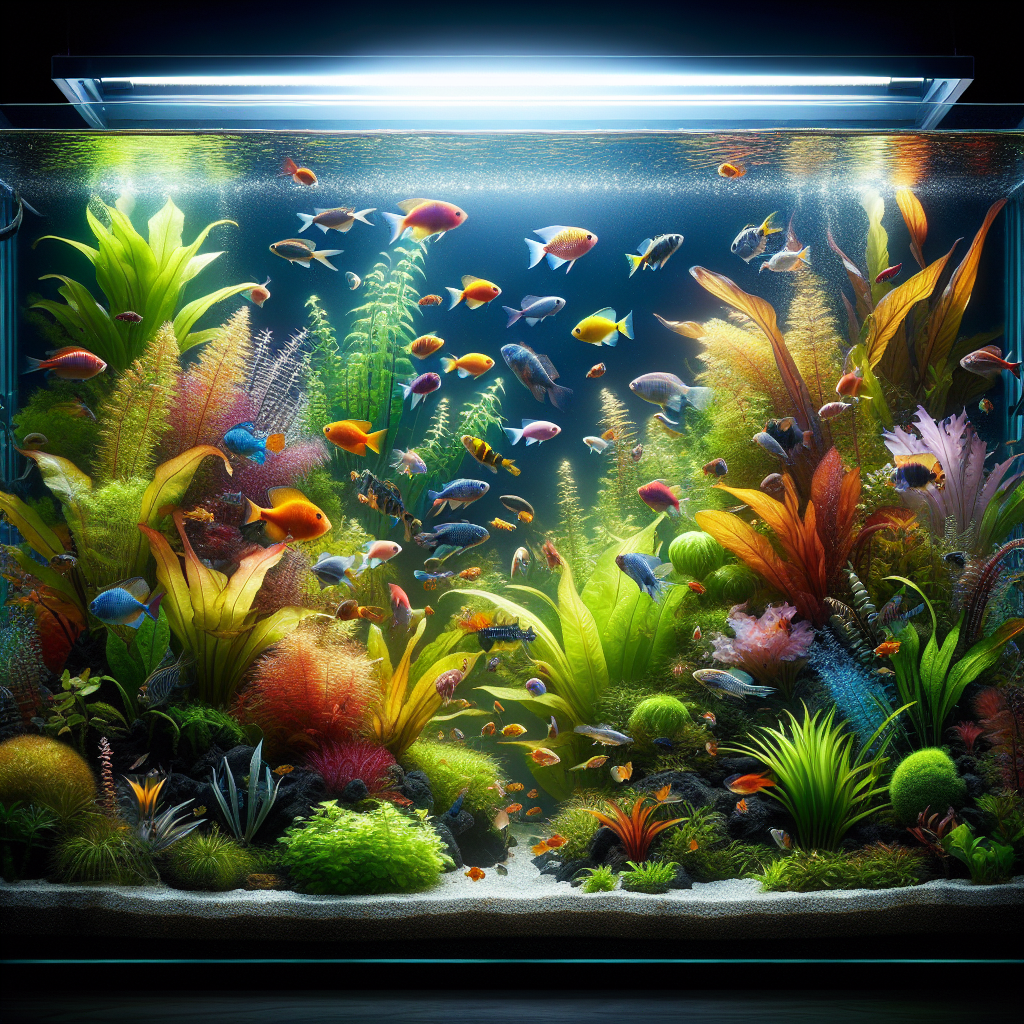 Plantes aquatiques dans un aquarium bien entretenu avec des poissons colorés nageant parmi elles
