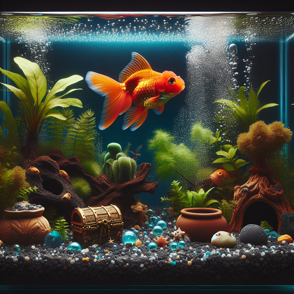 Un poisson rouge restant au fond de l'aquarium entouré de plantes et de décorations.