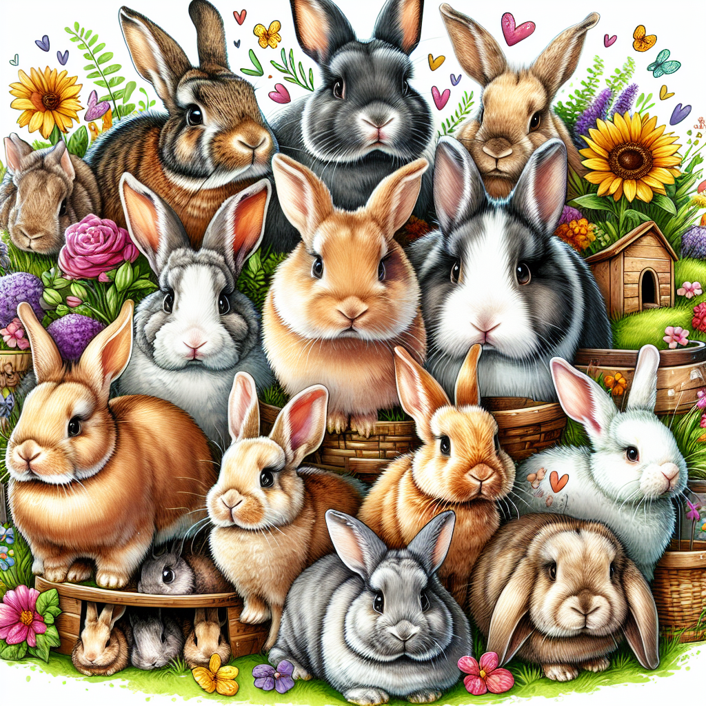 Différentes races de lapins populaires dans un décor coloré et joyeux.