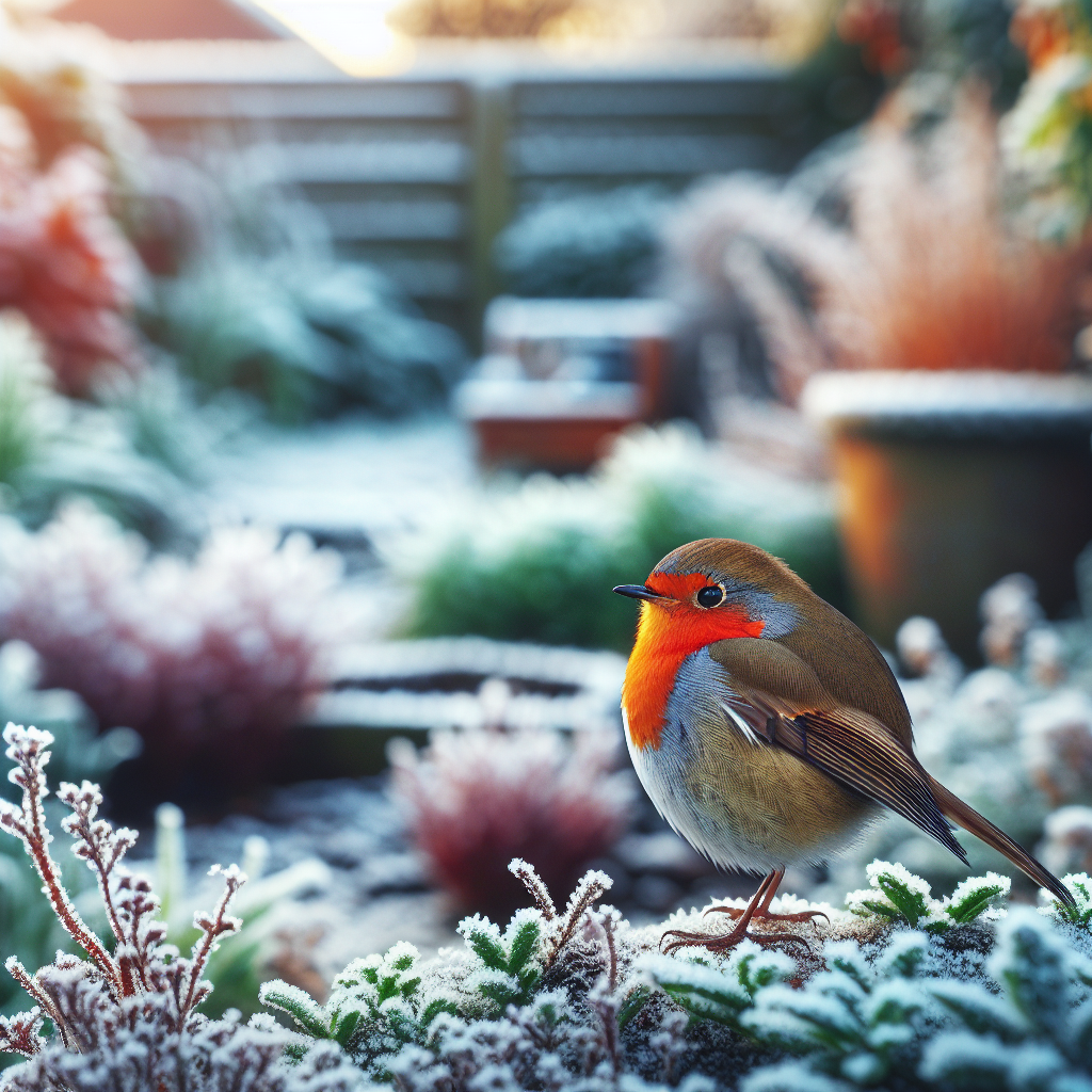 Un rouge-gorge avec le poitrail rouge vif perché dans un jardin urbain en hiver.