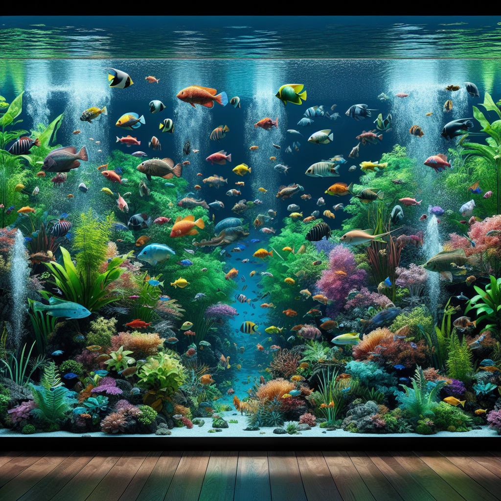 Un aquarium vibrant montrant divers poissons tropicaux nageant parmi des plantes aquatiques luxuriantes, avec une eau cristalline qui met en évidence l'importance de maintenir la qualité de l'eau.