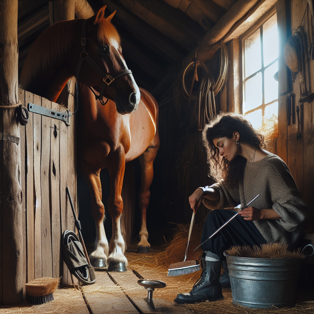 Une personne brossant un cheval dans une écurie, montrant des outils comme une brosse et un cure-pied.