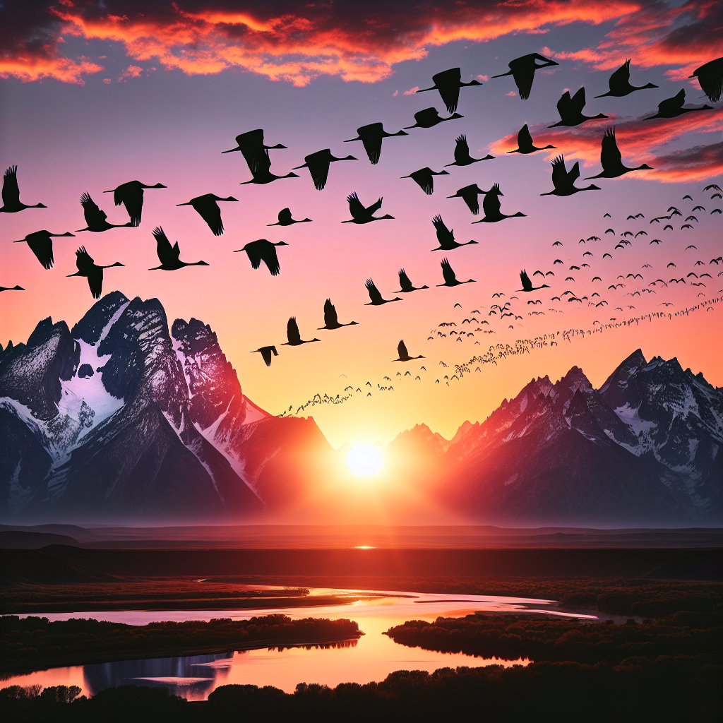 Un groupe d'oiseaux migrateurs volant en formation V au coucher du soleil sur un paysage de montagnes et de plans d'eau