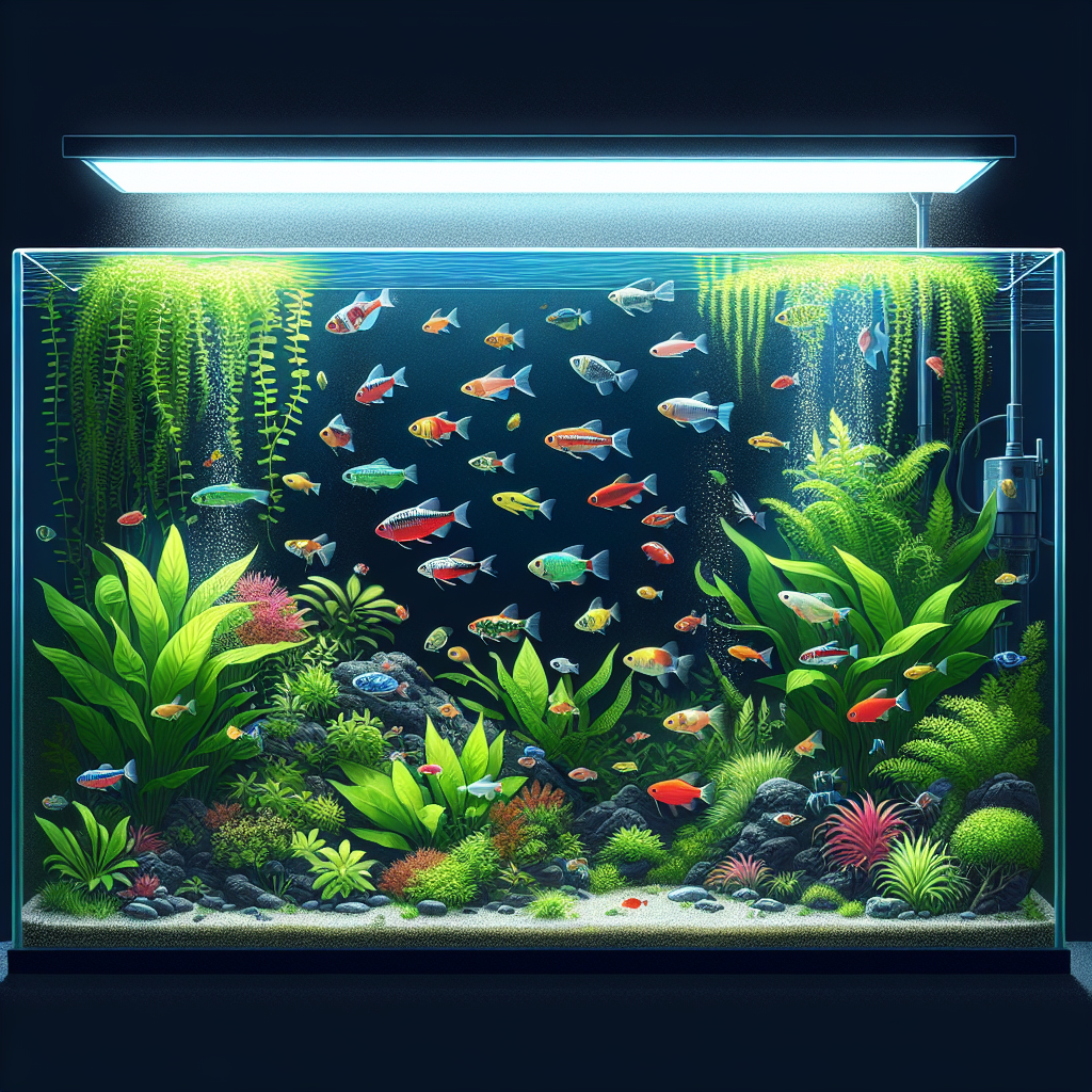 Un aquarium de 60 litres bien organisé avec des poissons colorés tels que des néons, des guppys et des corydoras, ainsi que des plantes aquatiques vertes et luxuriantes comme les Anubias et la mousse de Java.