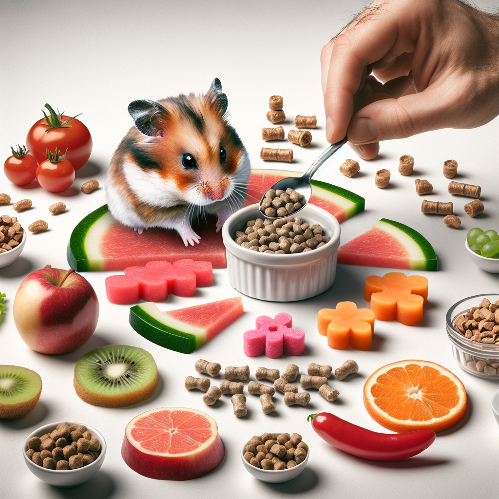 Un hamster adulte à côté d'un petit bol contenant une cuillère à soupe de granulés, avec des morceaux de fruits et légumes en petites quantités sur le côté, illustrant les portions recommandées pour une alimentation équilibrée.