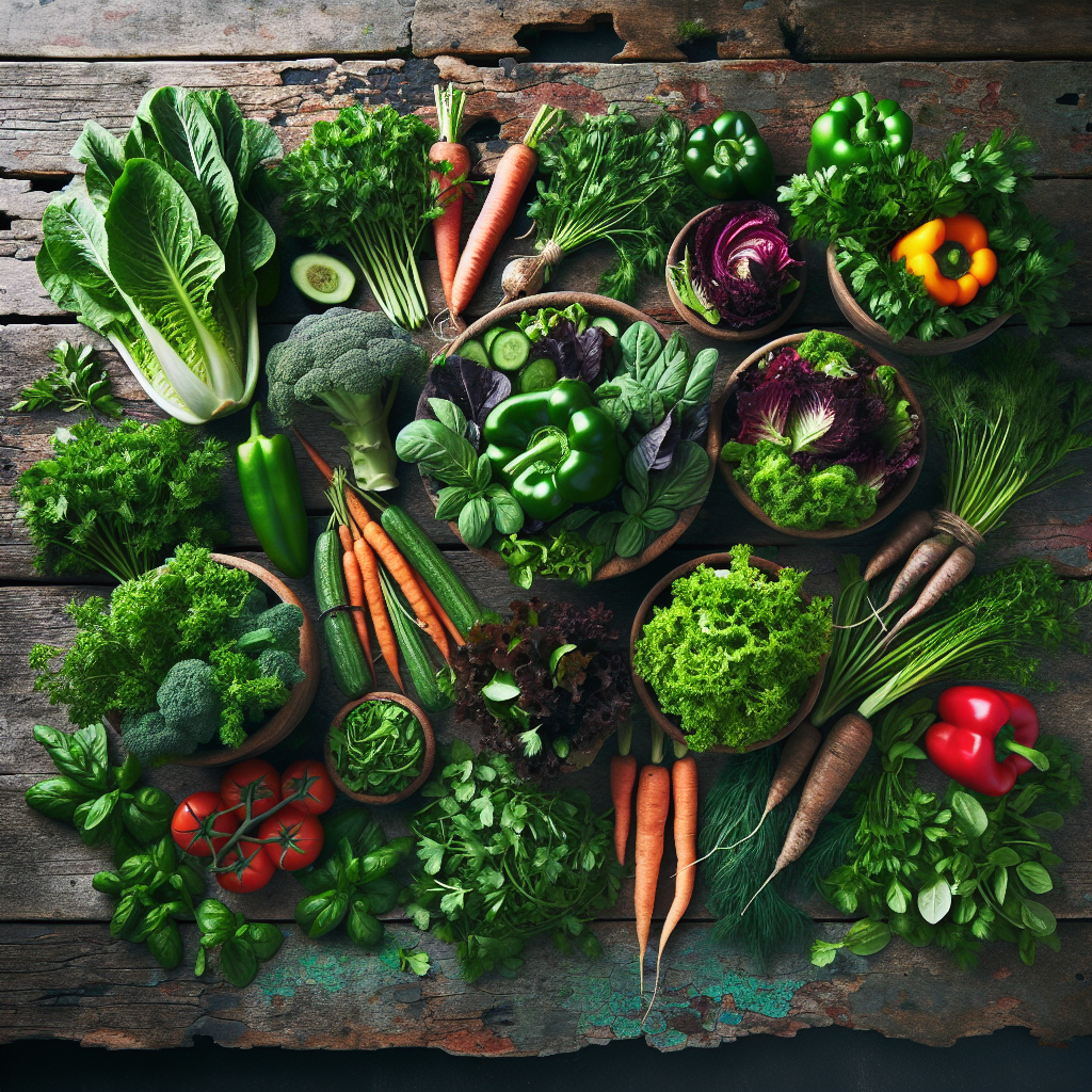 Divers légumes verts et herbes drapés soigneusement sur une table en bois rustique, adaptés aux lapins.