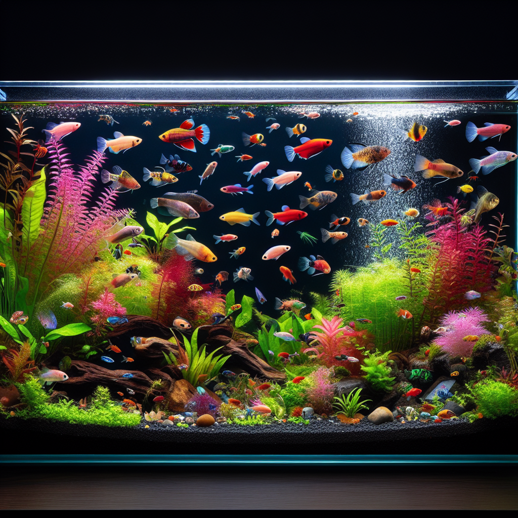 Aquarium de 20 litres avec des poissons adaptés tels que Betta, Neon Tetras et Microrasbora Galaxy