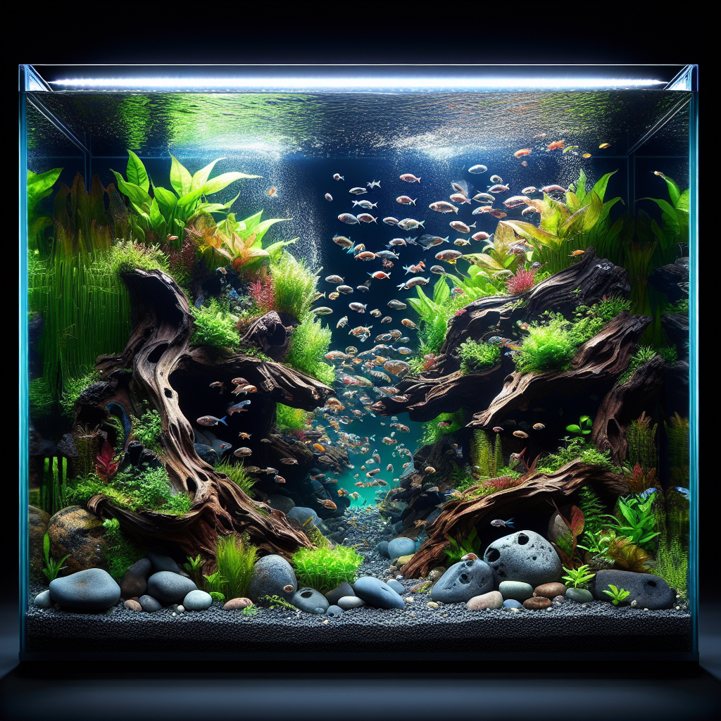 Un aquarium de 200 litres avec divers petits poissons et plantes aquatiques.