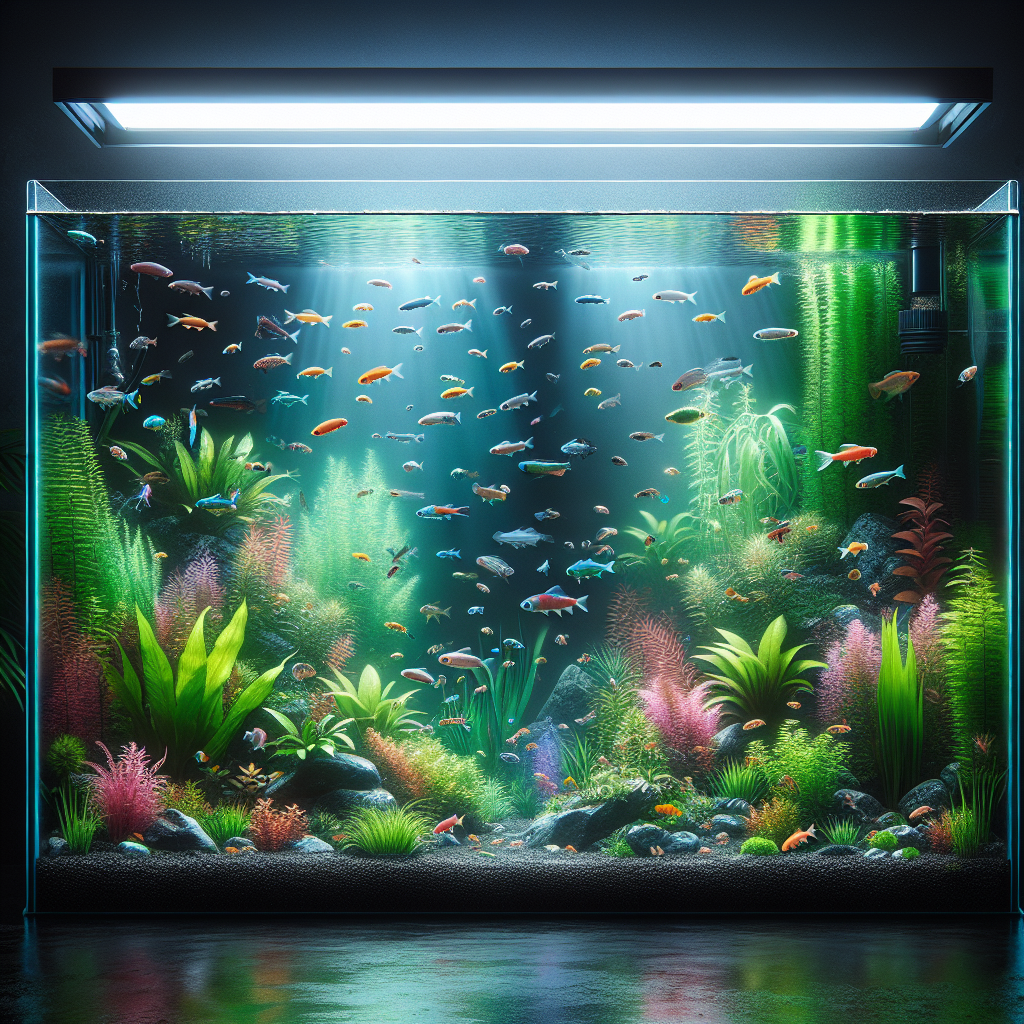 Un aquarium de 60 litres avec des poissons colorés tels que des guppys et des néons tétras, des plantes luxuriantes et un environnement aquatique propre.