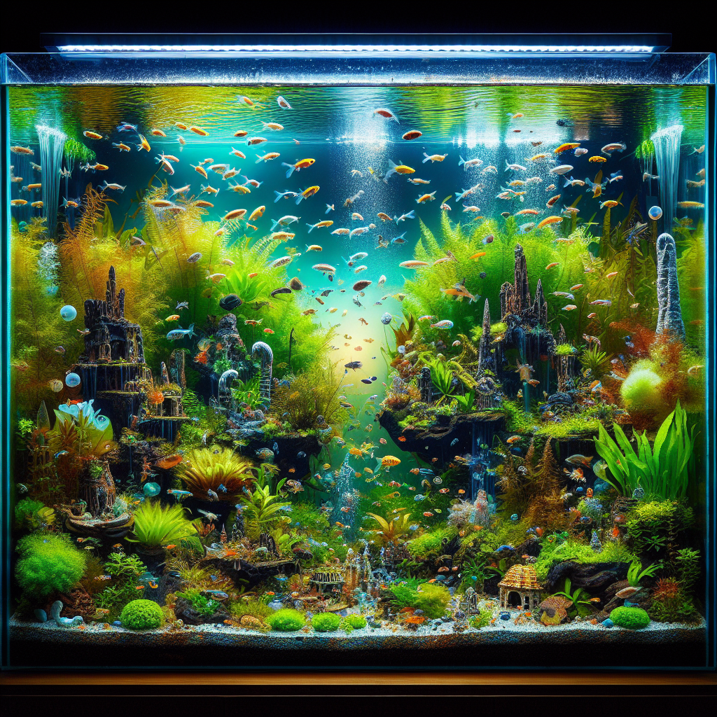 Aquarium de 60 litres avec une variété de petits poissons et des plantes aquatiques luxuriantes.