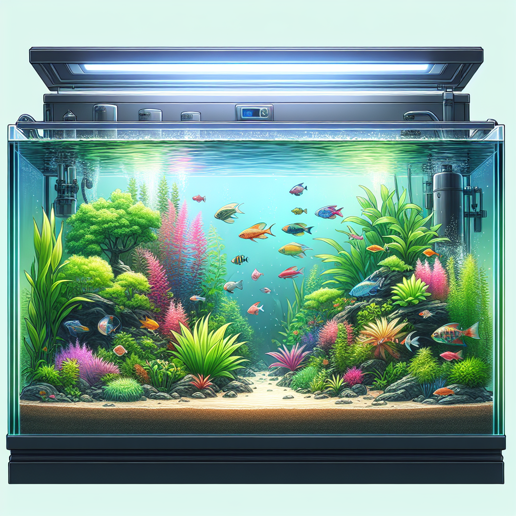 Aquarium de 60 litres bien agencé avec une filtration efficace, des plantes aquatiques et des poissons colorés