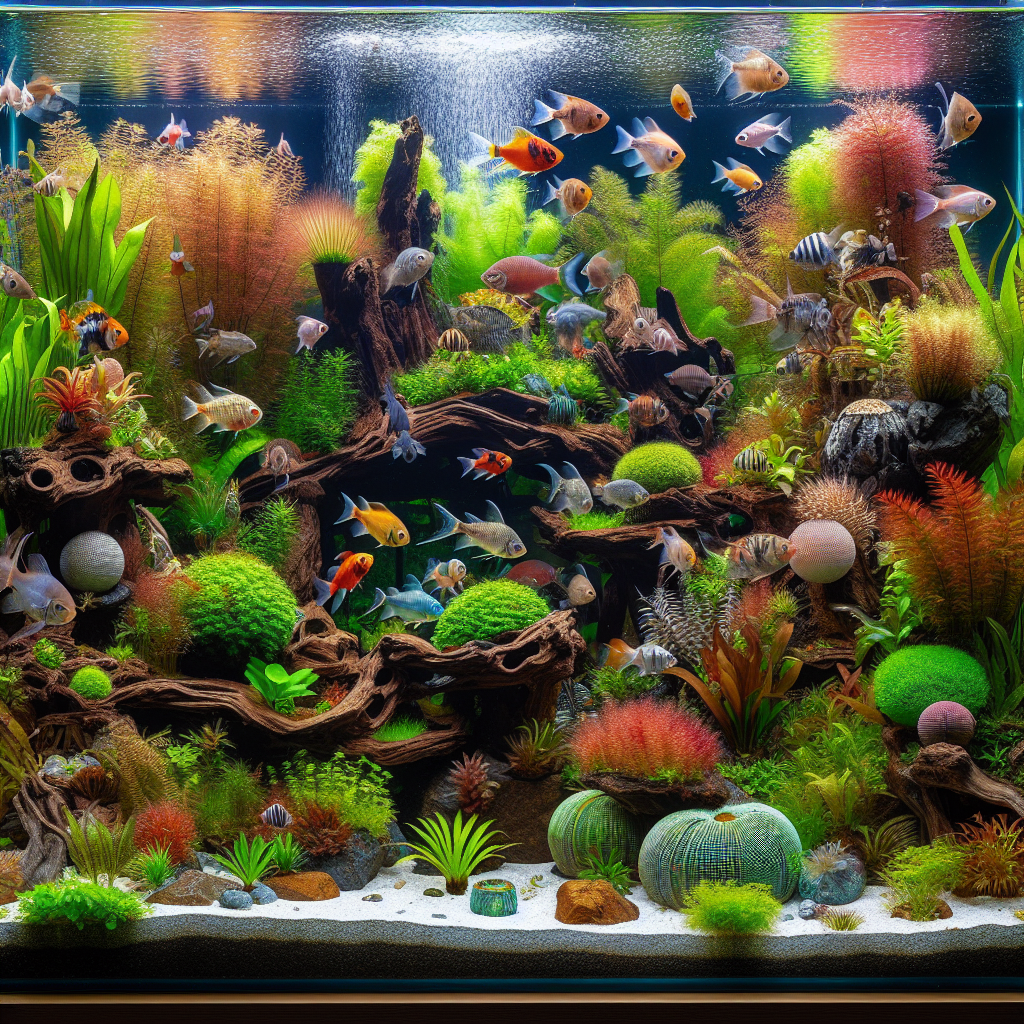 Un aquarium joliment arrangé avec diverses plantes aquatiques et décorations, poissons nageant à travers le réservoir, soulignant l'importance des plantes, du système de filtration et des cachettes.