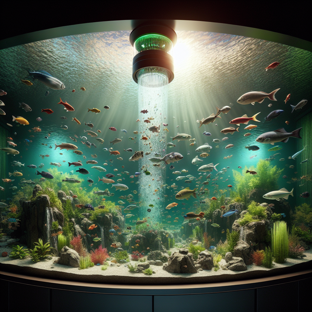 Un aquarium avec de l'eau claire, quelques poissons nageant paisiblement et un distributeur automatique de nourriture suspendu en haut.