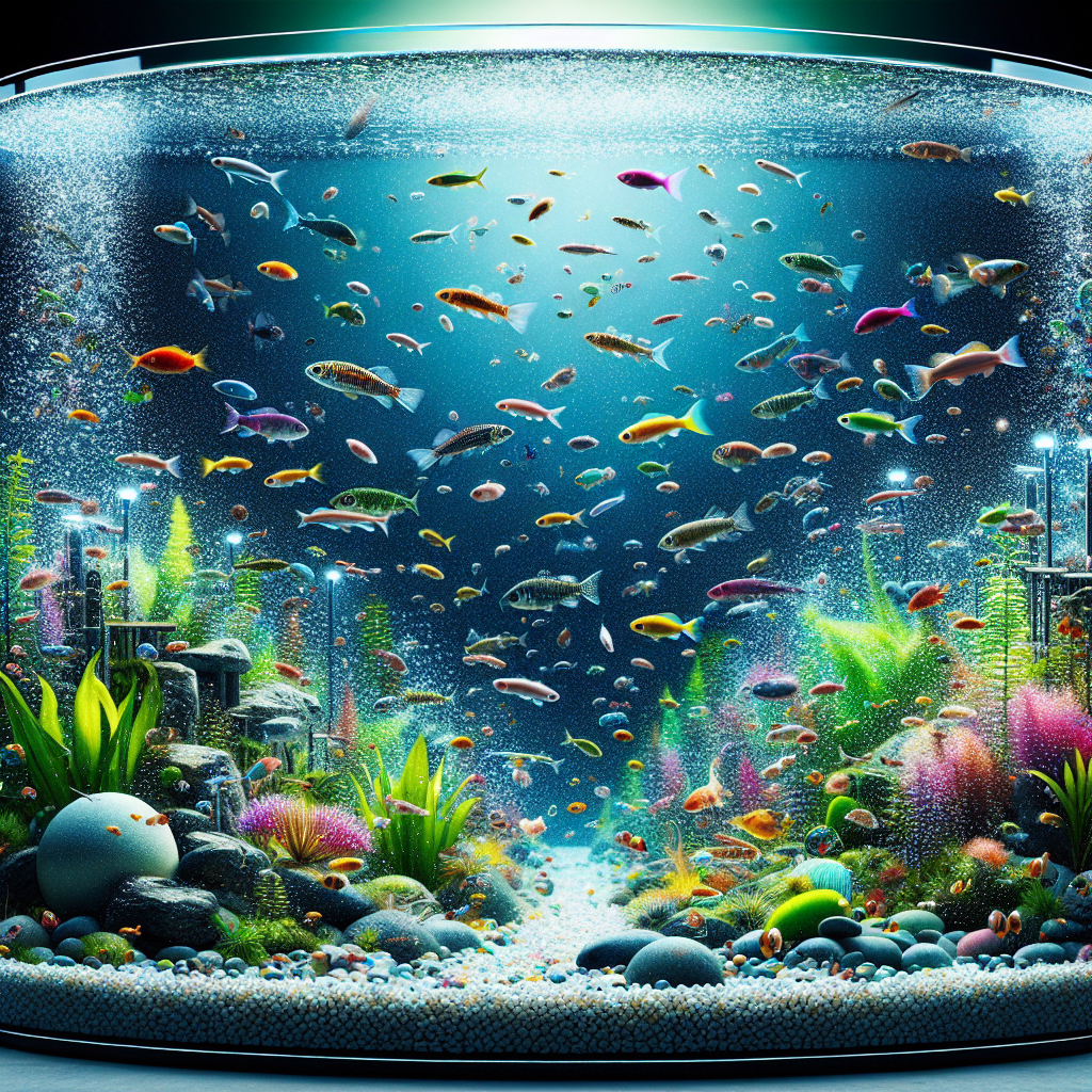 Illustration d'un aquarium bien équilibré, avec différents petits poissons nageant parmi des plantes colorées et une eau claire, représentant la règle du centimètre par litre en aquariophilie.