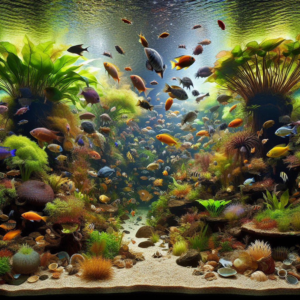 Un aquarium contenant divers poissons nageant parmi des plantes aquatiques et un substrat riche, illustrant un habitat naturel et prospère.