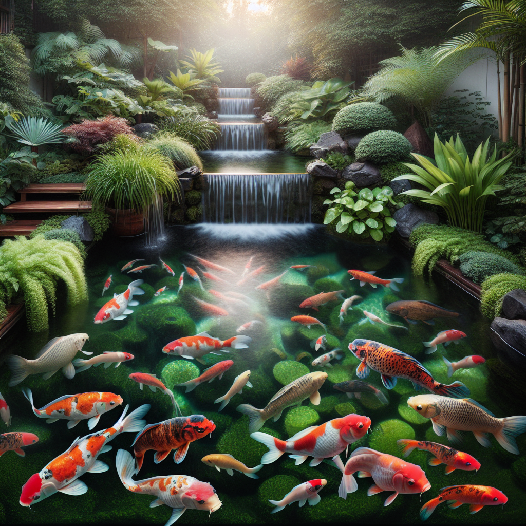 Un bassin de jardin avec diverses espèces de poissons, y compris des poissons rouges et des carpes koï, nageant dans une eau propre avec des plantes aquatiques.