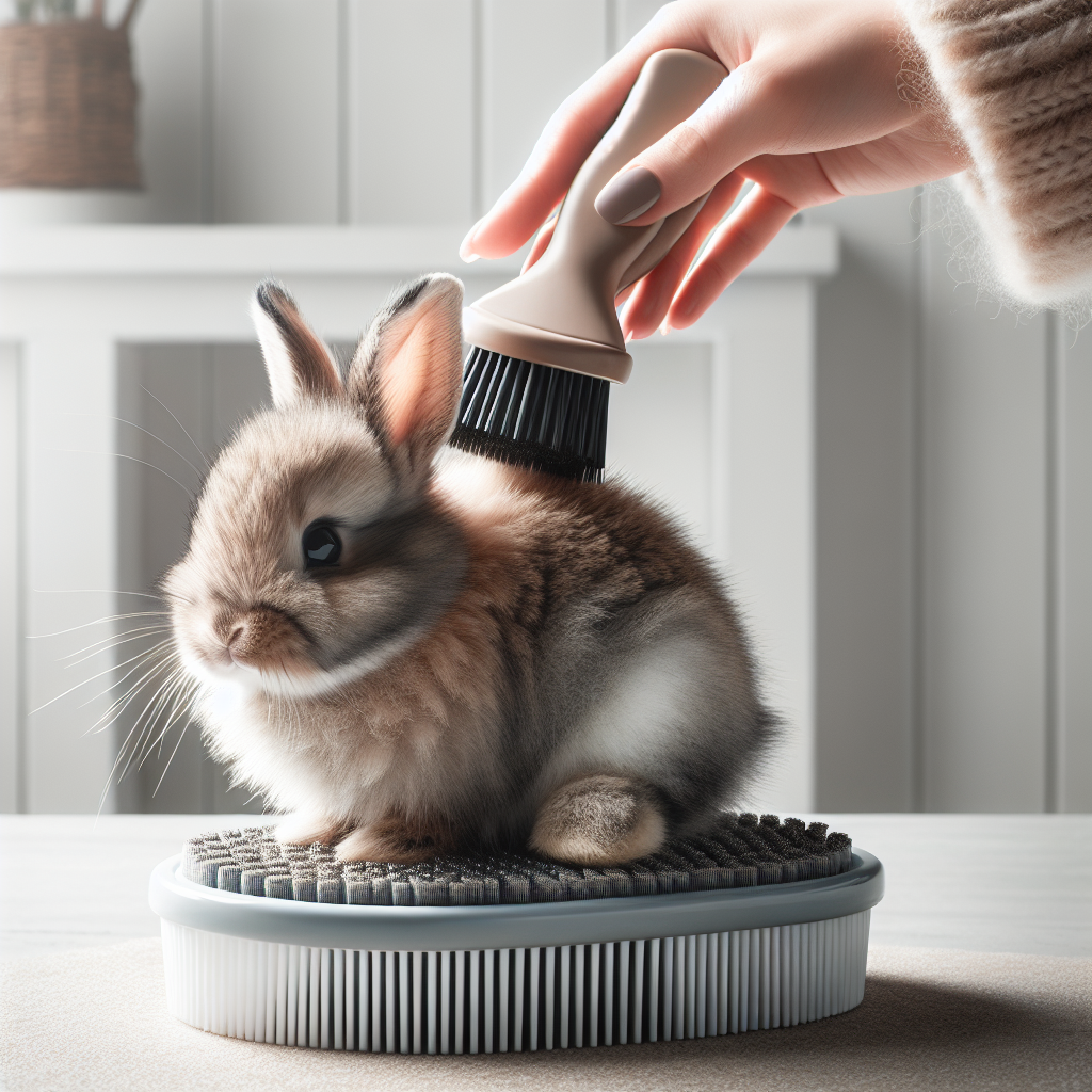 Un lapin se fait brosser délicatement pour retirer les poils morts dans un environnement propre et bien ventilé.