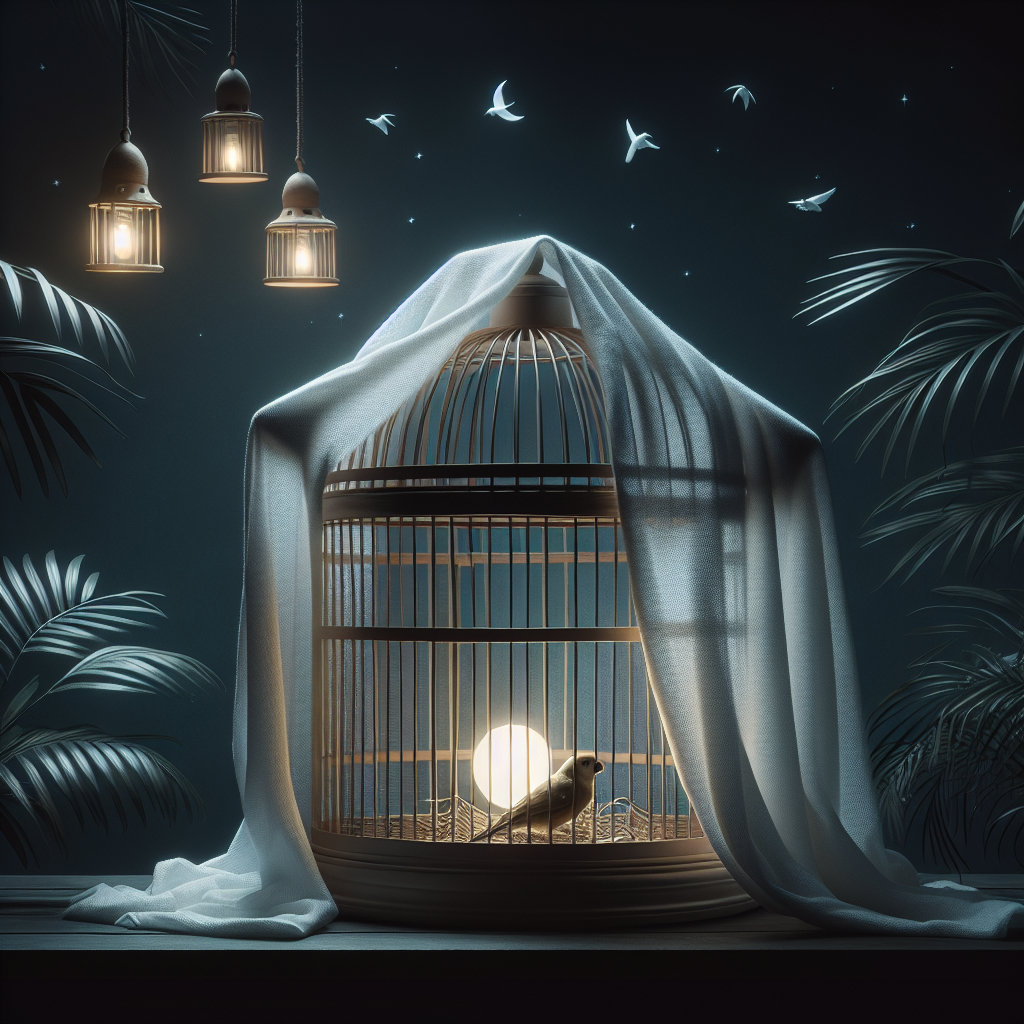 Une cage d'oiseaux couverte avec un drap léger et opaque la nuit, créant une ambiance propice au sommeil pour l'oiseau.