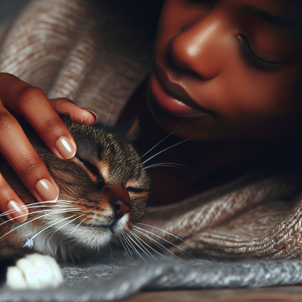 Un chat malade réconforté par son propriétaire