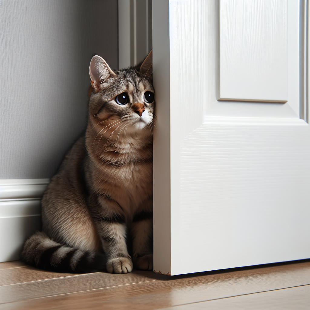 Un chat anxieux près de la porte, montrant des signes d'anxiété de séparation.