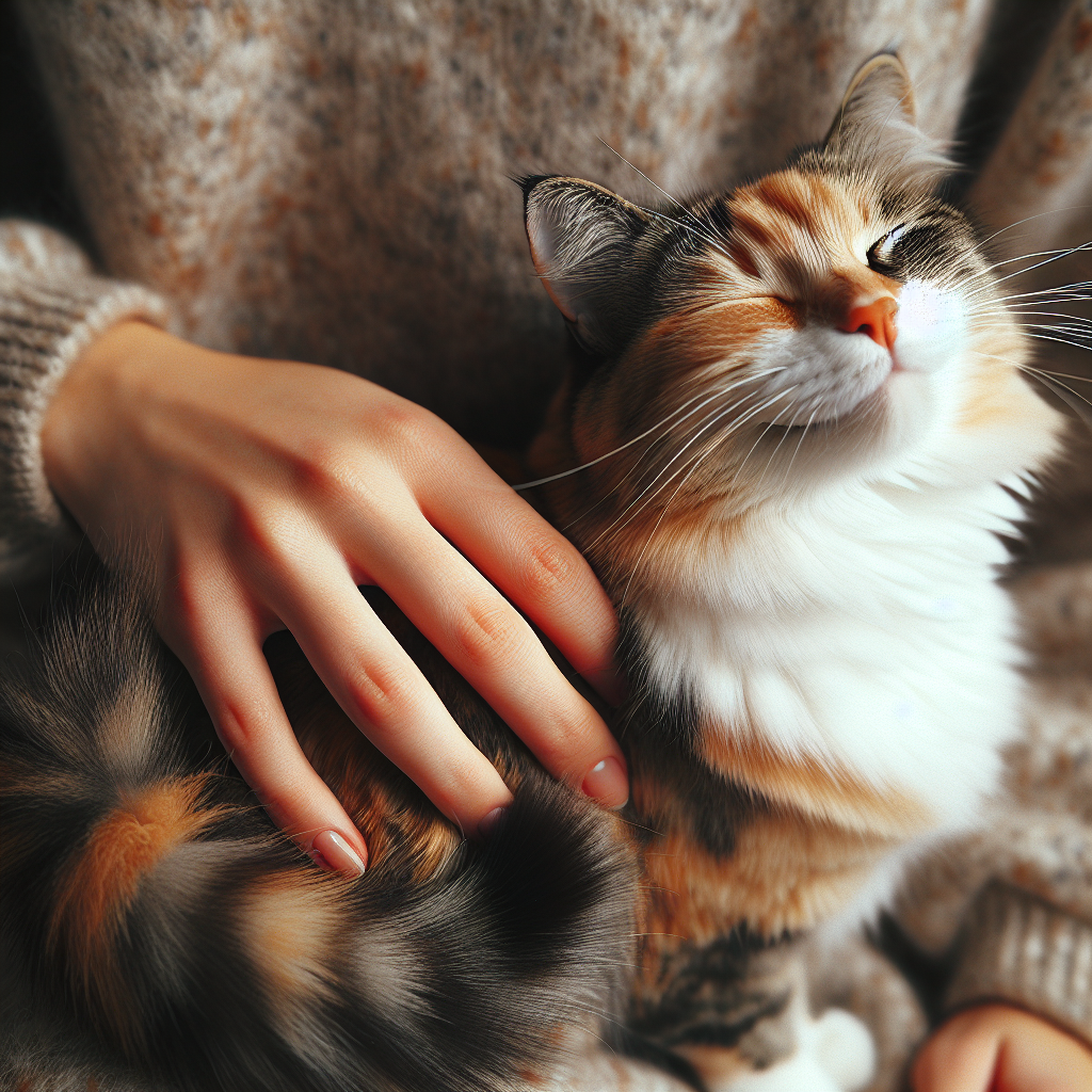 Un chat heureux levant son derrière pendant qu'il est caressé.