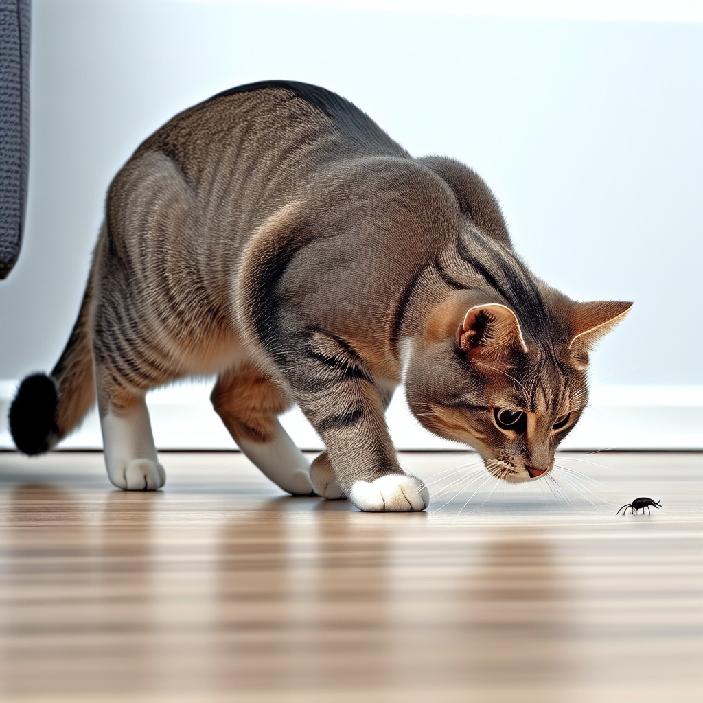 Un chat domestique en position de chasse, prêt à bondir sur un petit objet mouvant dans un environnement intérieur.