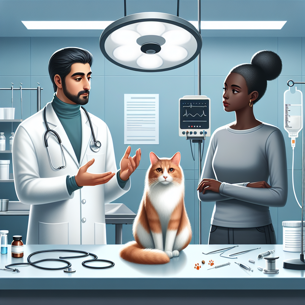 Un chat calme dans une clinique vétérinaire, entouré d'équipements médicaux. Un vétérinaire explique doucement les options de traitement à un propriétaire d'animal inquiet en arrière-plan, avec des zones de traitement comme une salle de chirurgie, une unité de chimiothérapie et une machine de radiothérapie.