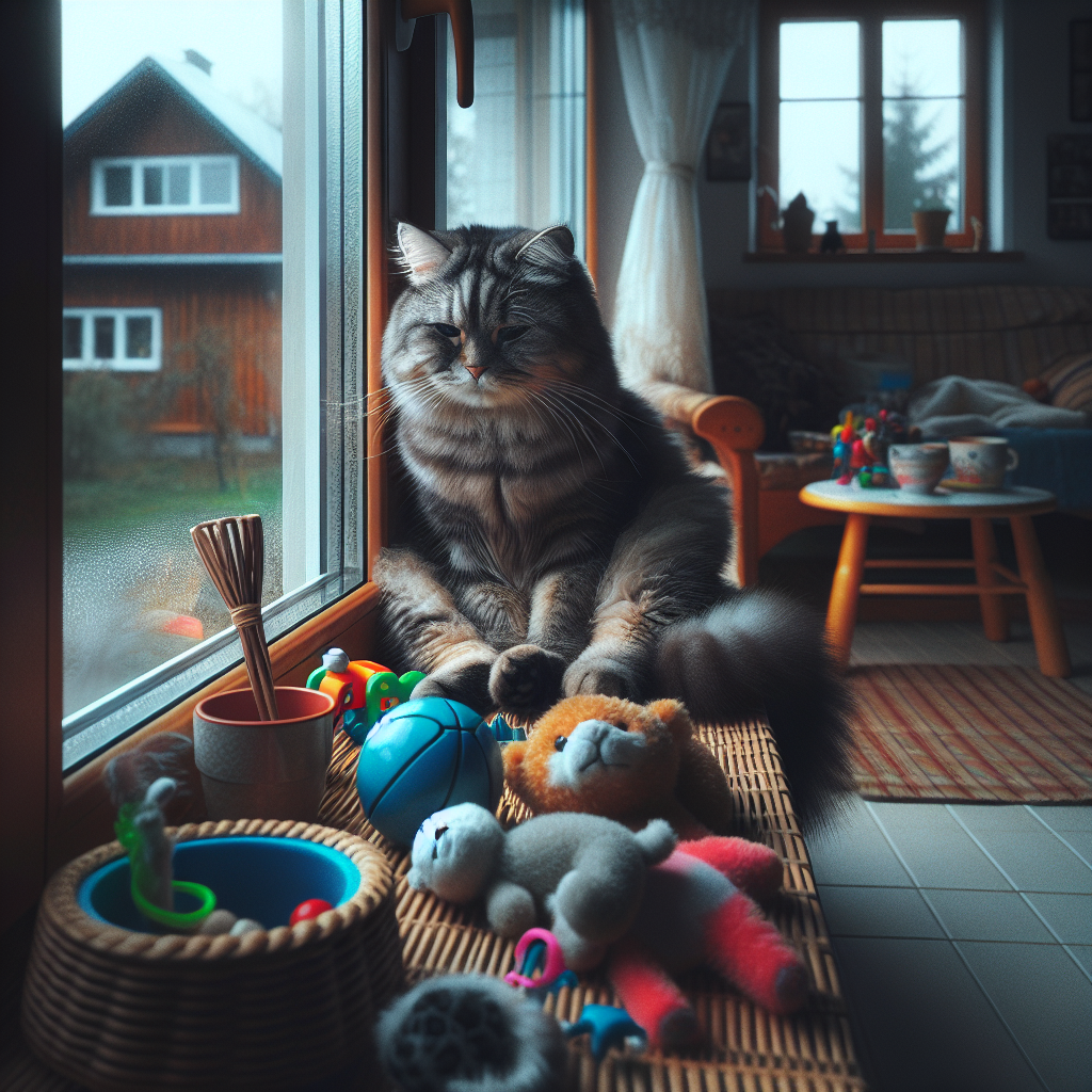 Un chat ayant l'air ennuyé, assis seul sur un rebord de fenêtre, entouré de jouets, dans une maison vide.