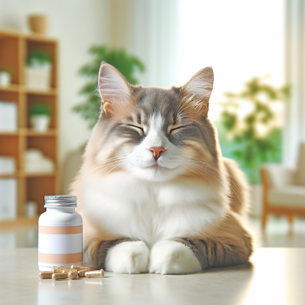 Un chat content avec une expression calme, assis à côté d'une petite bouteille de laxatifs spécifiques pour chats, dans un cadre intérieur confortable. L'environnement est propre et sans stress. Le chat semble en bonne santé et bien soigné.