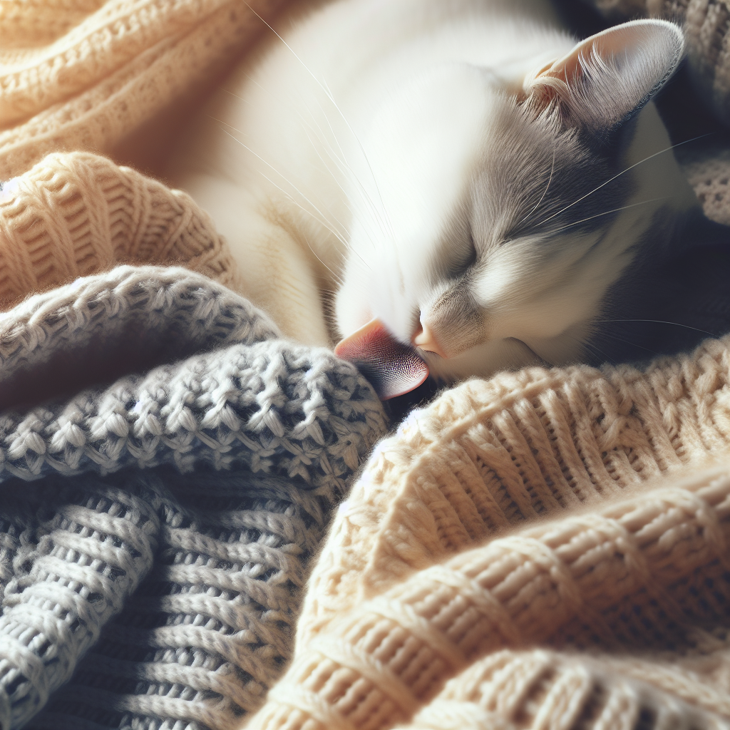 Un chat en train de lécher un plaid doux et moelleux dans un cadre chaleureux. Le chat semble calme et apaisé.