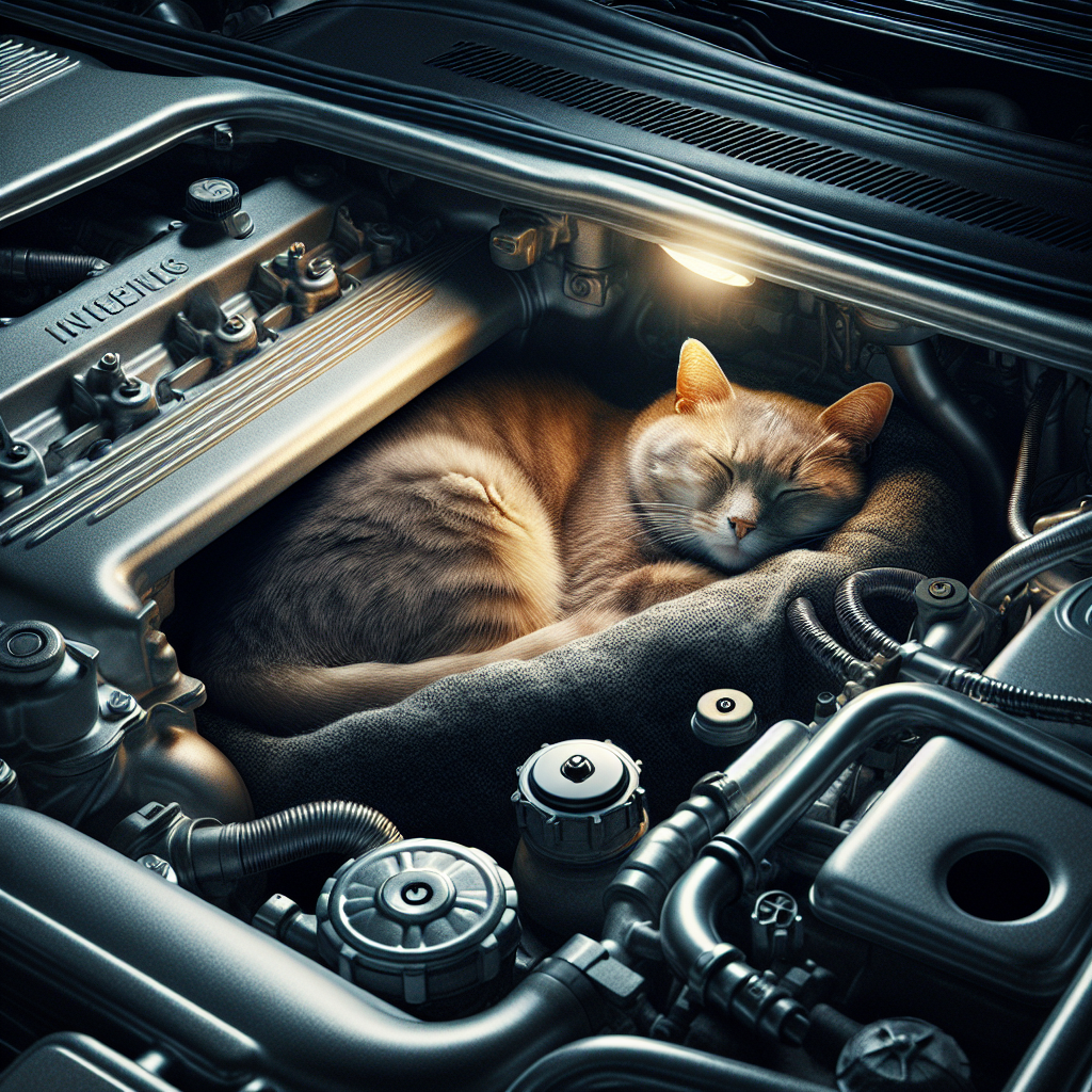 Un chat blotti et endormi dans le compartiment moteur d'une voiture.