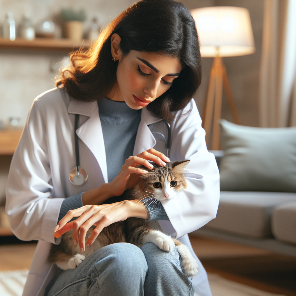 Un vétérinaire calme un chat et applique un spray répulsif dans un cadre domestique confortable, mettant en avant la réaction du chat.