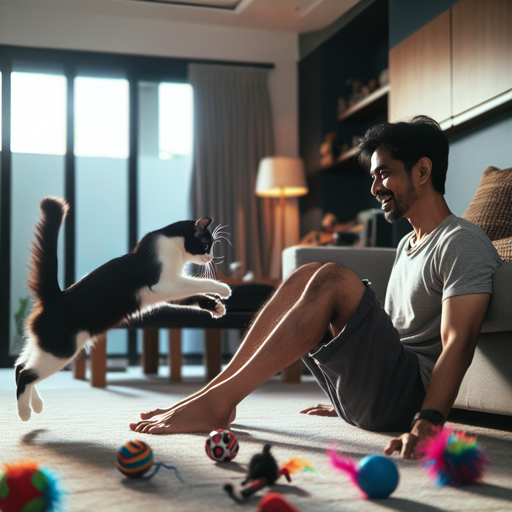 Un chat joueur sautant vers les jambes d'une personne à l'intérieur, avec des jouets éparpillés autour.