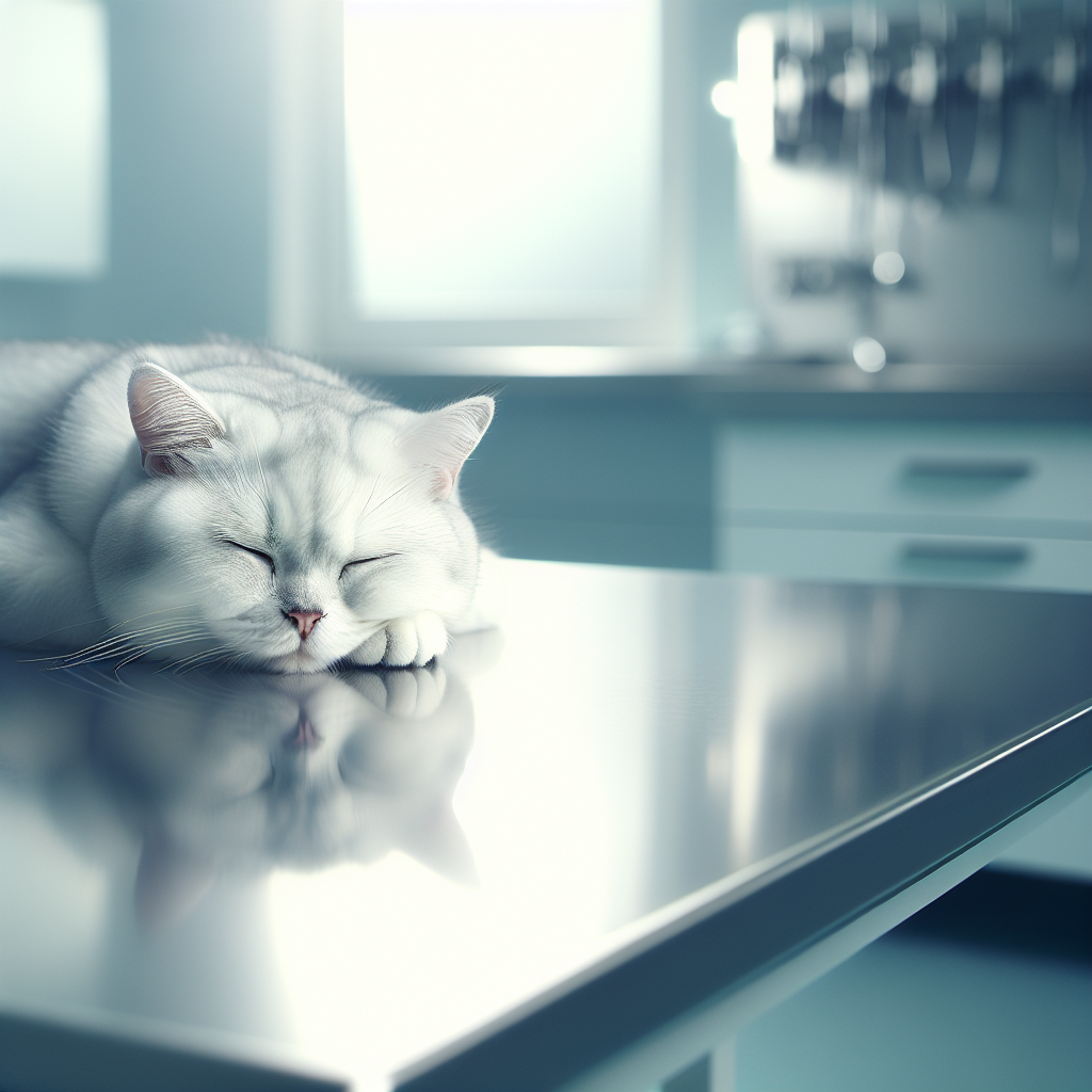 Un chat calme et sédaté allongé sur une table vétérinaire avec une expression paisible. L'environnement est propre et professionnel.