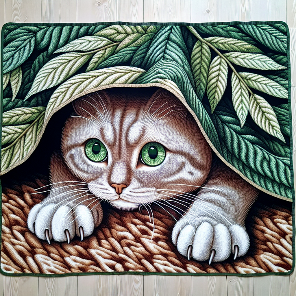 Un chat jouant sous une couette, ses yeux grands ouverts et ses pattes prêtes à bondir, imitant un comportement de chasse. La couette légèrement soulevée montre une texture similaire à des feuilles ou de l'herbe.