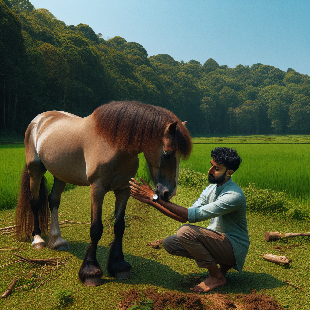 Un cheval atteint du syndrome naviculaire recevant des soins dans un pâturage verdoyant, avec son propriétaire s'occupant de lui avec attention.