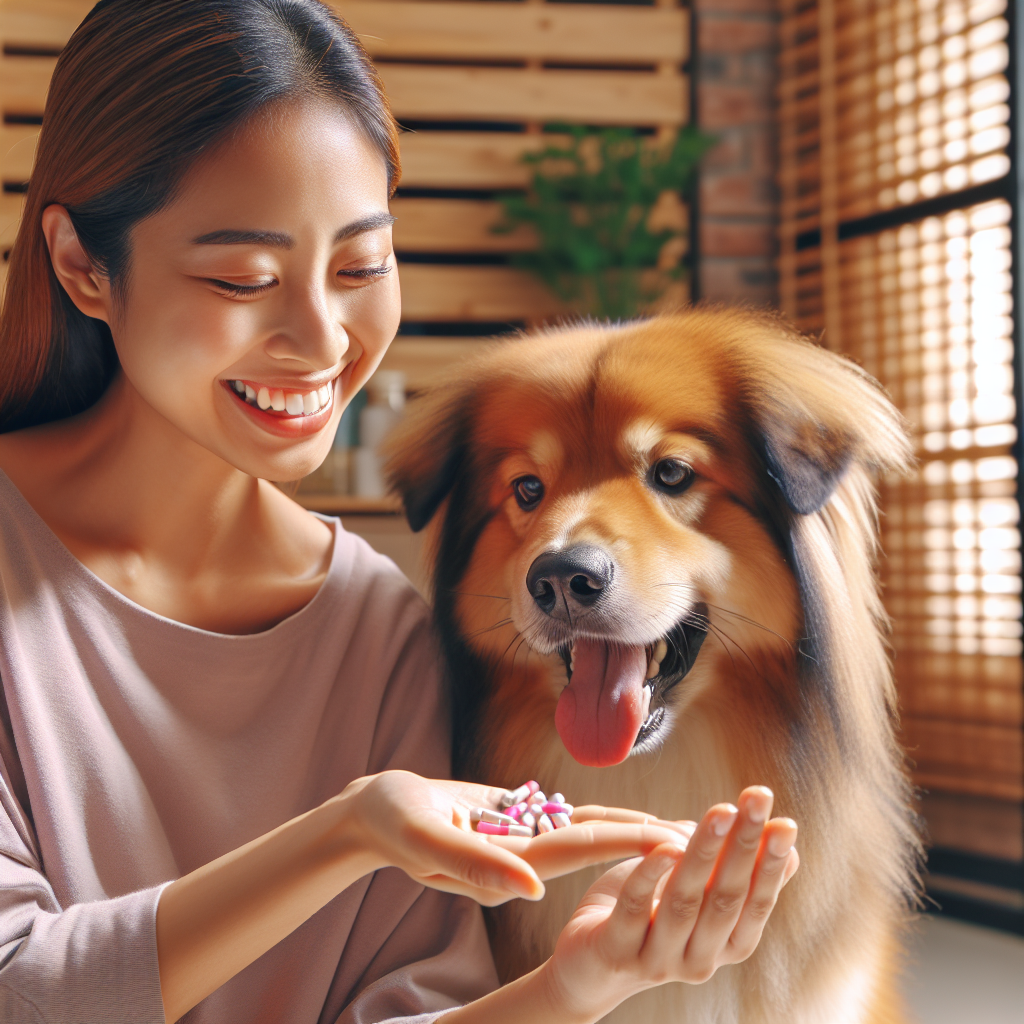 Un chien heureux prenant patiemment une pilule d'amoxicilline de la main de son propriétaire dans un environnement domestique chaleureux.