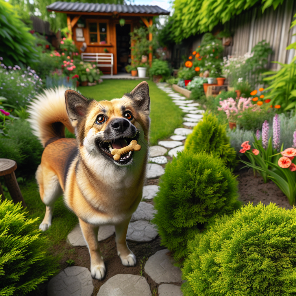 Un chien cachant une friandise dans le jardin, montrant un comportement instinctif et joueur.