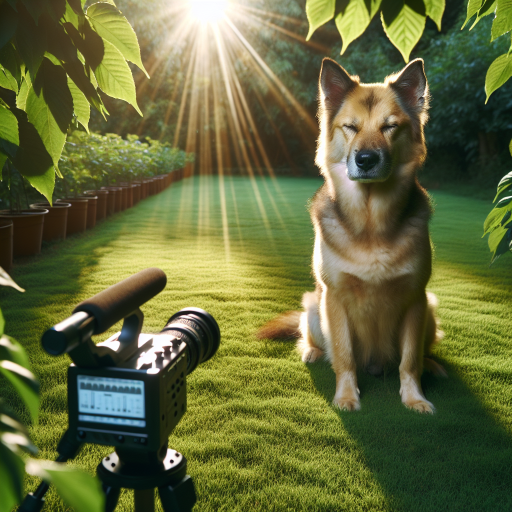 Un chien calme assis dans un jardin avec un appareil d'enregistrement à proximité.