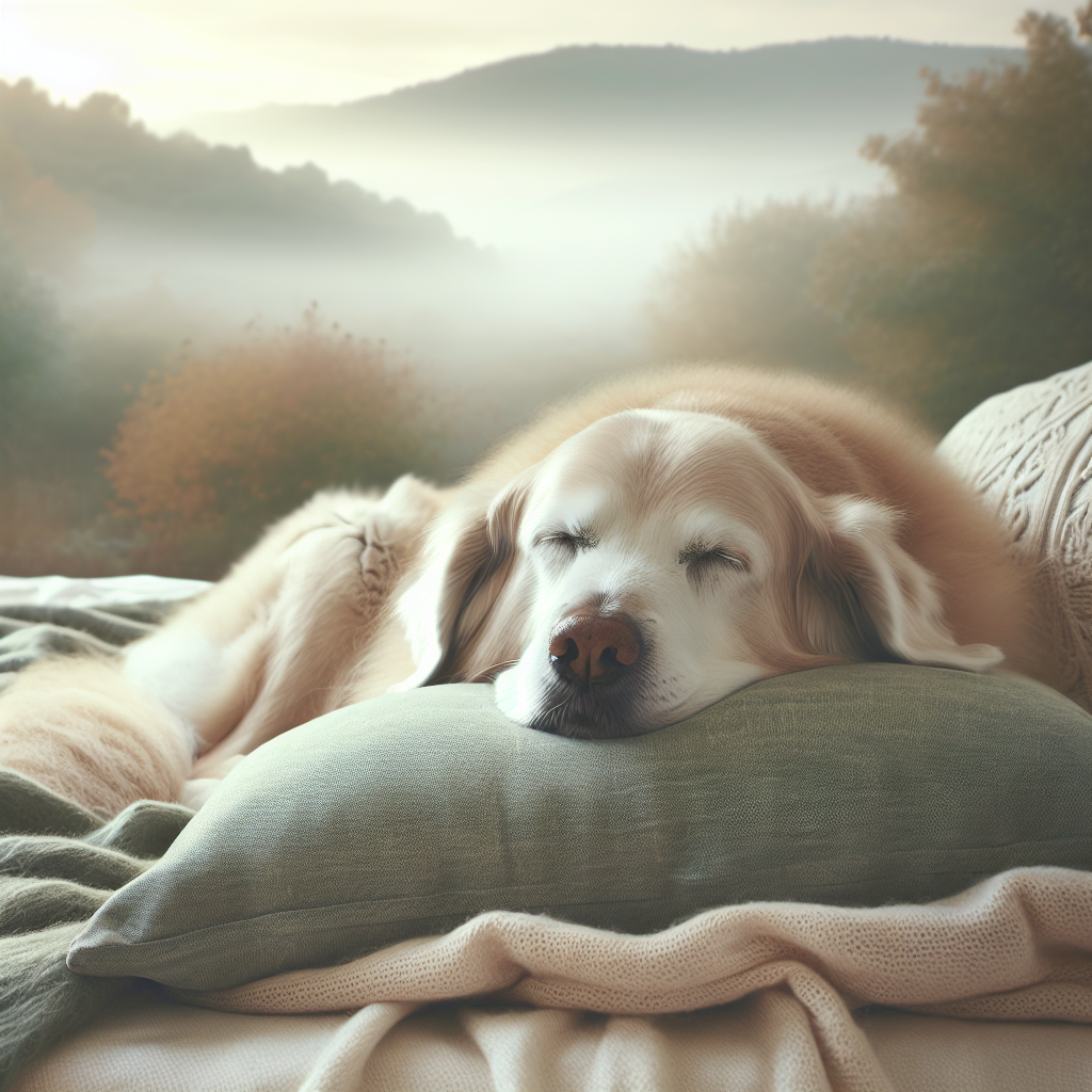 Un chien âgé couché confortablement sur un coussin, entouré d'un environnement apaisant.