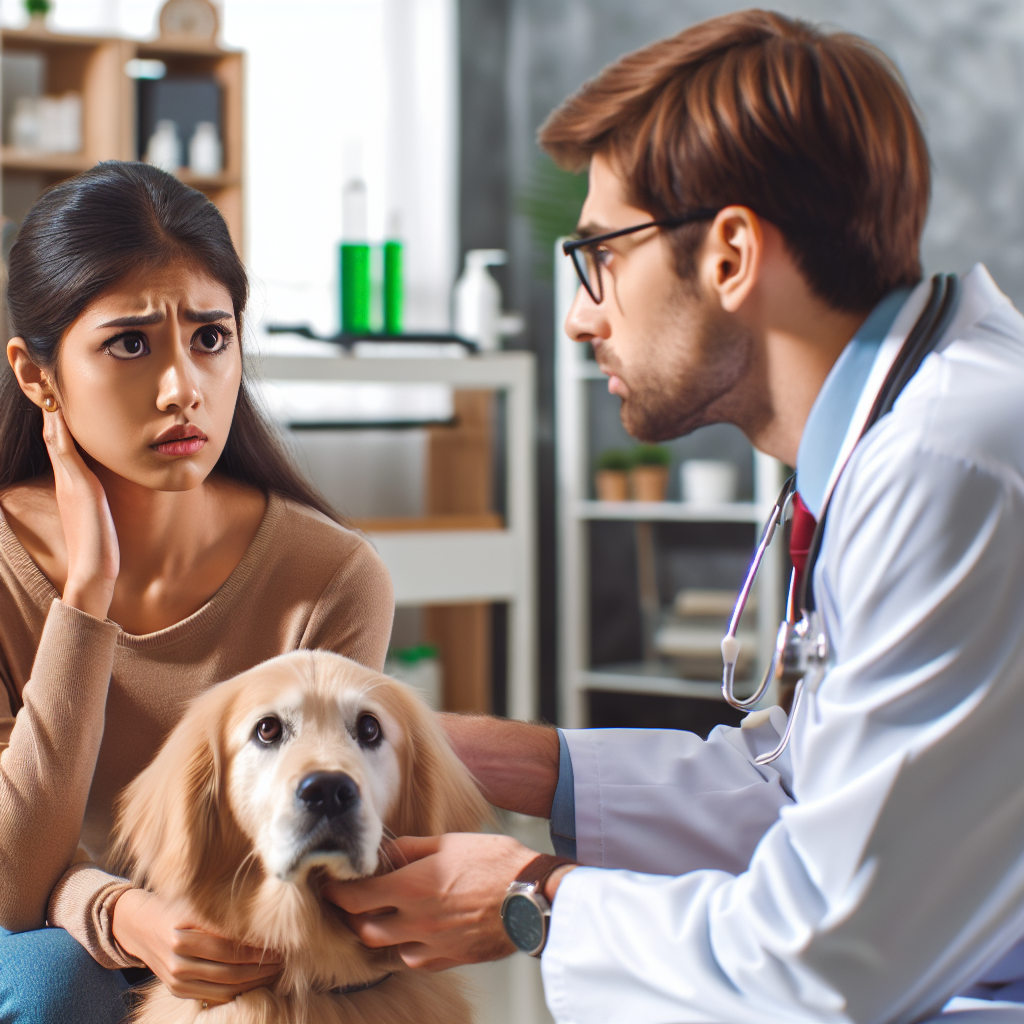 Un propriétaire de chien inquiet consulté par un vétérinaire, avec un chien en cours d'examen.