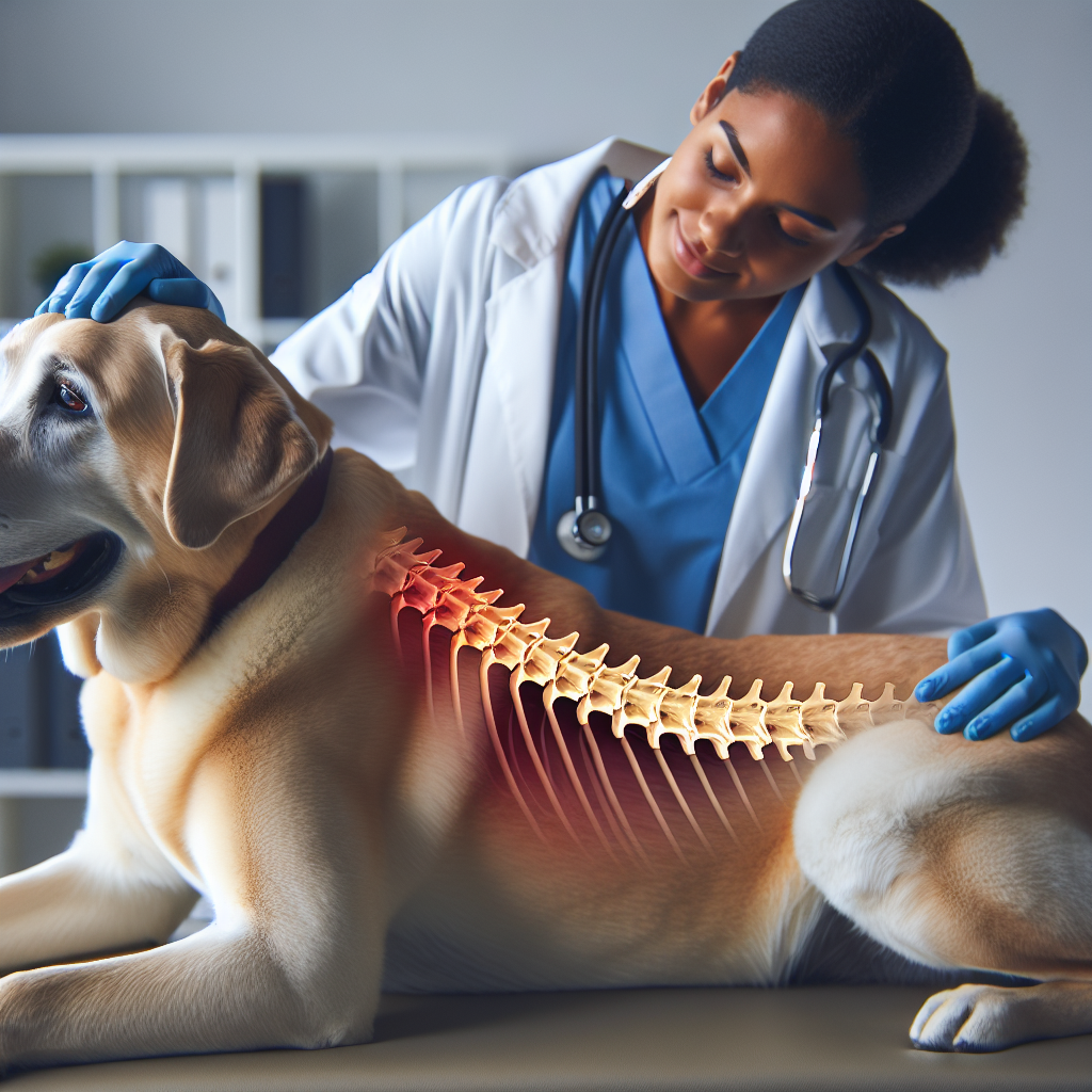 Un chien souffrant de douleurs au dos tandis qu'un vétérinaire examine sa colonne vertébrale.