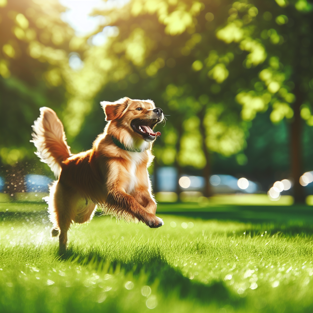 Un chien heureux et en bonne santé jouant à l'extérieur, représentant les bienfaits de l'exercice régulier et de la gestion du stress.