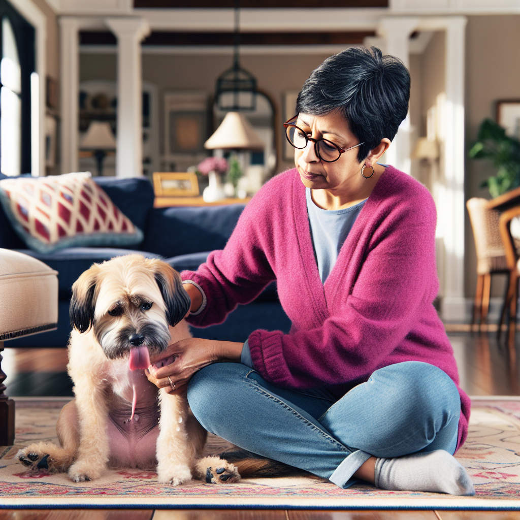 Un chien se lèche le zizi avec un propriétaire inquiet en arrière-plan.