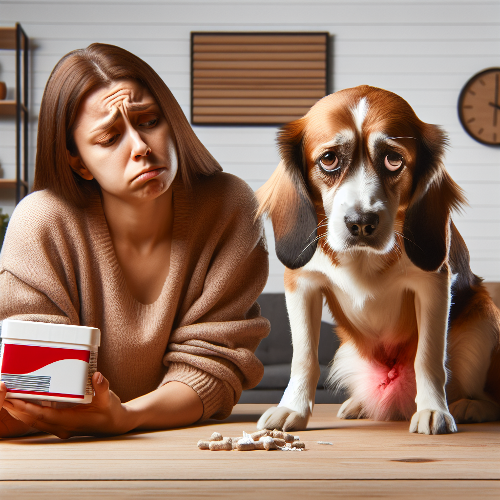 Un chien avec un mal de ventre et un propriétaire inquiet tenant une boîte de Spasfon.